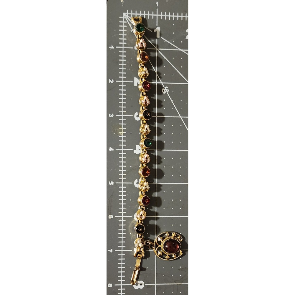 VTG Art Pepper  Gold Tone Horseshoe Charm Bracelet Faux Pearl Cabochon READ - Picture 6 of 11